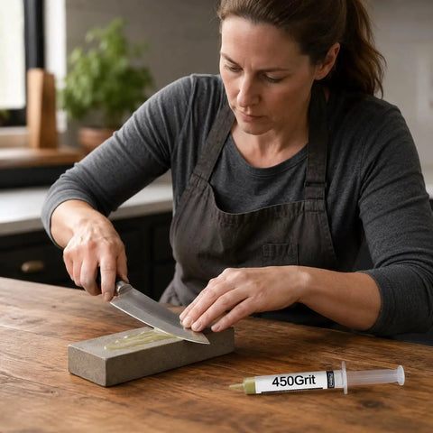 Person using Diamond Paste Polishing and Lapping Compound Kit 6 Pack Oil Based High Concentration Diamond Paste Syringes From 450 To 80 000 Grit for sharpening knife