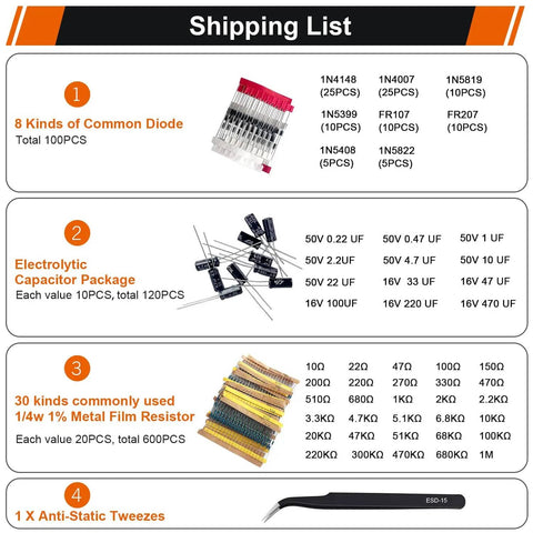 Shipping list for Massive 1400Pcs Electronics Component Kit With Transistors, LED Diodes, Metal Film Resistors, Tweezers