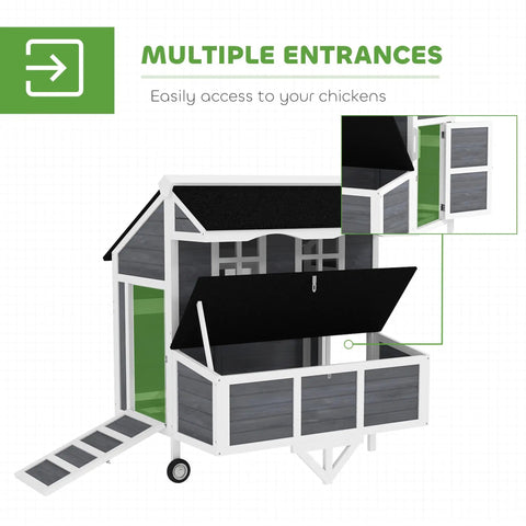 Mobile 43 Inch Chicken Coop With Wheels For Easy Relocation, Nesting Box, Perches, Windows, And Pull Out Tray, Backyard Friendly Wooden Tractor Style Home For 2 To 4 Hens Or Rabbits, Backyard Patio Garden showcasing multiple entrances with ramp and opening doors
