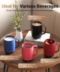No App Hassle Self Heating Coffee Mug With Precise Temperature Control, 14 Oz Travel Cup with warm beverages on a table.