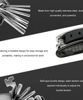 Foldable 16-In-1 Bike And Motorcycle Repair Tool Kit with hex wrenches and screwdrivers, close-up of foldable multitool design