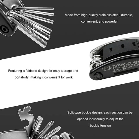 Foldable 16-In-1 Bike And Motorcycle Repair Tool Kit with hex wrenches and screwdrivers, close-up of foldable multitool design