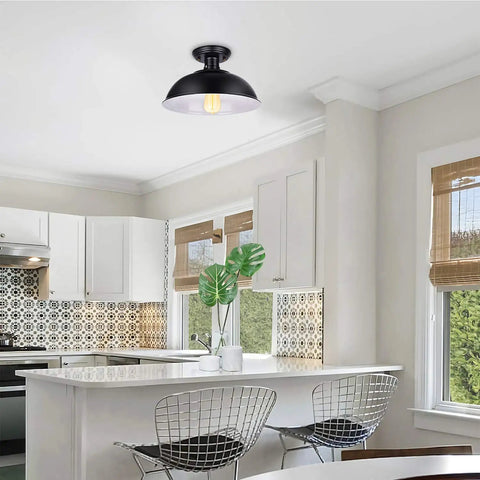 Farmhouse Black Semi Flush Mount Ceiling Light Fixture in modern kitchen, showcasing industrial style and rustic vintage look in matte black.