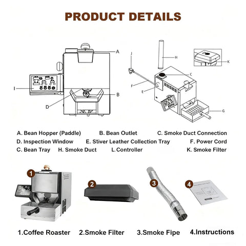 300G Home Coffee Roaster With Smoke Filter And Chaff Collector Electric Roaster product parts diagram