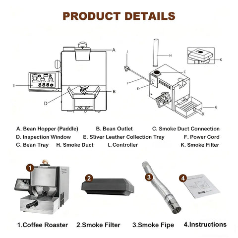 Professional Electric Coffee Bean Roaster Featuring Automatic And Manual Roasting Modes 300g Capacity product details diagram