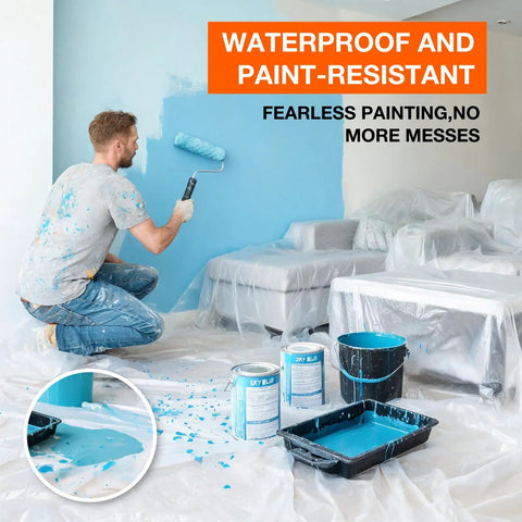 Man painting room with Clear Plastic Drop Cloths 10 Pack 9x12 Ft Tarp For Painting Protect Furniture Floors Sofas And Surfaces