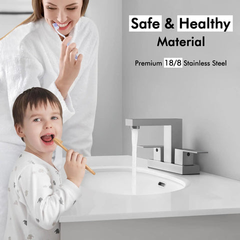 Woman and child at sink with 4 Inch Centerset Bathroom Sink Faucet In Brushed Finish SUS304 Stainless Steel Lead Free NSF Certified CUPC