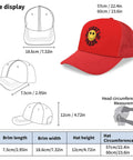 Size chart of Too Cool For 1st Grade Funny Hat Red Unisex Tennis Trucker Cap with adjustable back and breathable mesh.