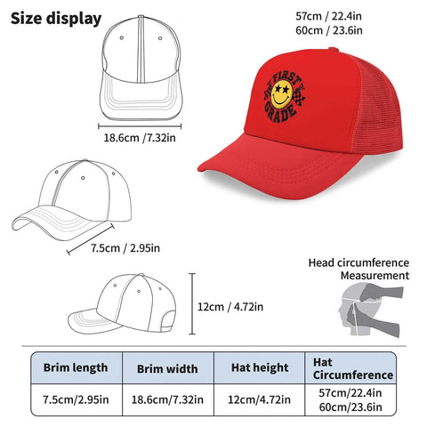 Size chart of Too Cool For 1st Grade Funny Hat Red Unisex Tennis Trucker Cap with adjustable back and breathable mesh.