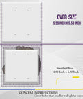 Oversized Two Gang Blank Outlet Cover For Heavy Duty Walls Built Tough With Unbreakable Polycarbonate Thermoplastic UL Listed Gloss White Wall Plate Measuring Five Point Five Inches By Five Point Five Inches No Cutouts shown next to standard size comparison