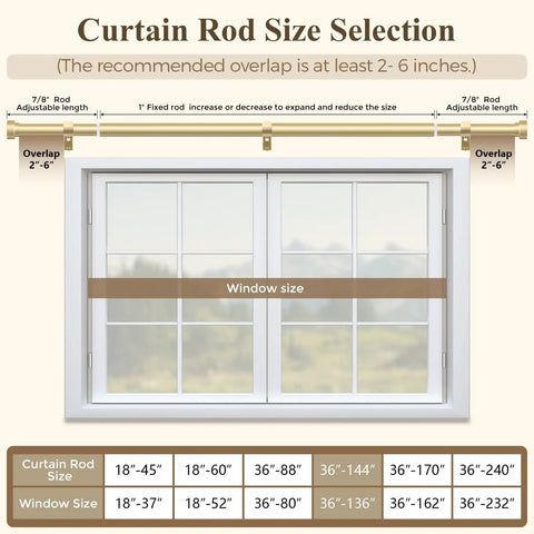 Gold Curtain Rod Set For Windows 72 To 144 Inches Telescoping 1 Inch Diameter Heavy Duty Adjustable Drapery Rods With Brass Gold Finish Modern Decorative Finials And Included Brackets Connectors Screws size guide.