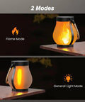 Gen2 Solar Lanterns Outdoor With Ultra Real Flame, USB And Solar Dual Charging, two modes display on a wooden table.