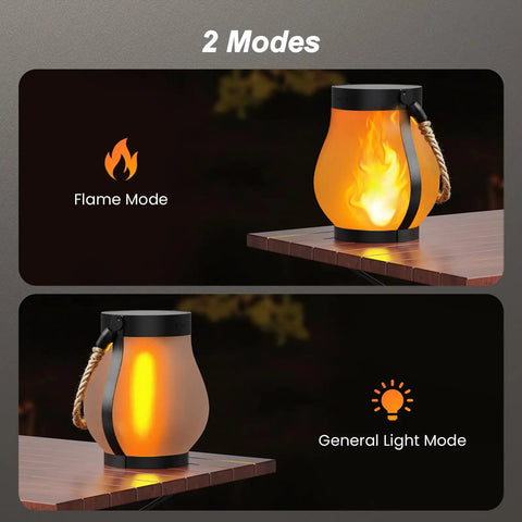 Gen2 Solar Lanterns Outdoor With Ultra Real Flame, USB And Solar Dual Charging, two modes display on a wooden table.