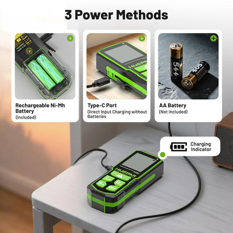 330 Ft Green Laser Measuring Tool With Bluetooth App Control showing power methods: Ni-MH battery, Type-C port, AA battery option.