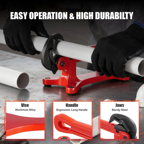 Front view of Alwalkee portable pipe vise with aluminum alloy body clamping PVC pipe