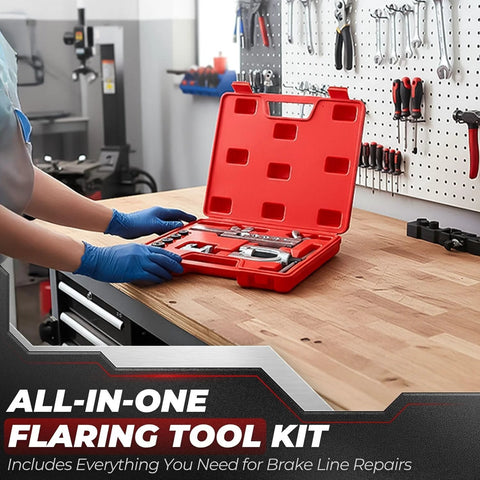 Flexzion brake line flaring tool kit in red open case with tubing cutter on a wood workbench.