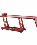 Steel Hydraulic Motorcycle Lift with 1100 Pound Capacity, foot operated pump, diamond plate platform, removable ramp with hinges and rollers, auto expand ramp to protect floors, lifts up to 30 inches, safety lock pin, beefy garage lift.