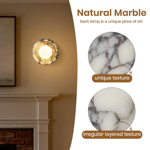 Alabaster Wall Sconce, 7.5" Natural Marble Wall Lamp with Milk Glass Shade displayed on a wall with unique stone details.