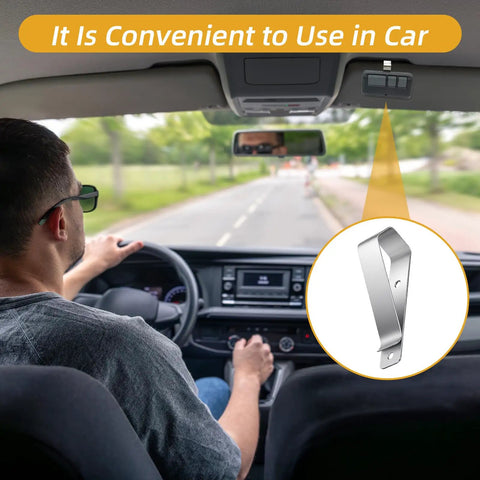 Universal Stainless Steel Garage Door Opener Clip And Sun Visor Clip Replacement For Remote Openers Emergency Release Reinforcement To Stop Fishing Attacks Easy Install Home Security Upgrade Visor Accessories shown in use in a car.