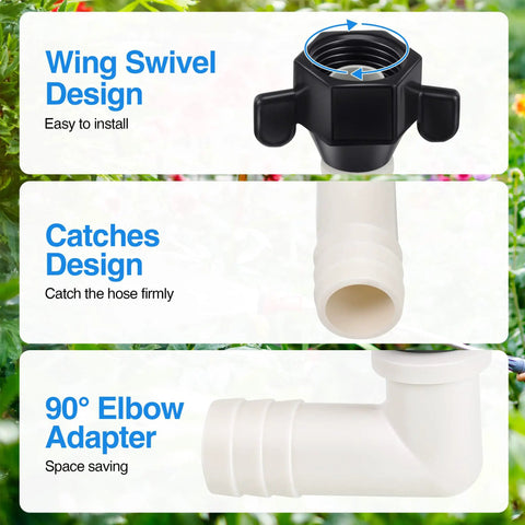 Rotating One Half Inch RV Water Pump Fittings Kit With 360 Degree Swivel Elbow And Straight Barb Adapter One Half Inch Female NPT PEX Compatible Comes With Thread Seal Tape For Leak Free Water Strainer Connection, black swivel elbow and white 90-degree hose adapter
