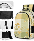 Yellow Green Plaid Floral Print Backpack For Everyday Use, showing handle, shoulder strap, double zipper, side pockets detail.
