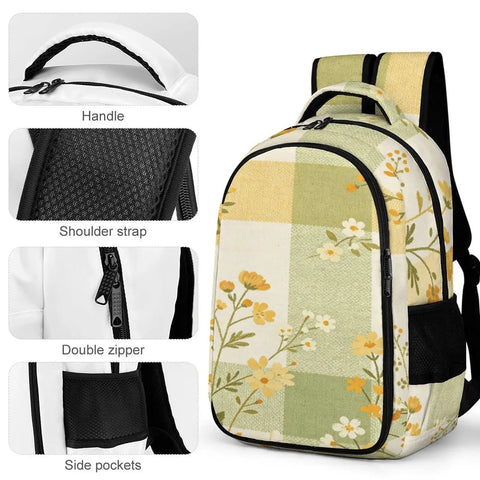 Yellow Green Plaid Floral Print Backpack For Everyday Use, showing handle, shoulder strap, double zipper, side pockets detail.