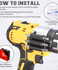 Installation guide for Six Pack Drill Bit Holder Holster With High Strength Adhesive on power drill with cleaning tissue pack