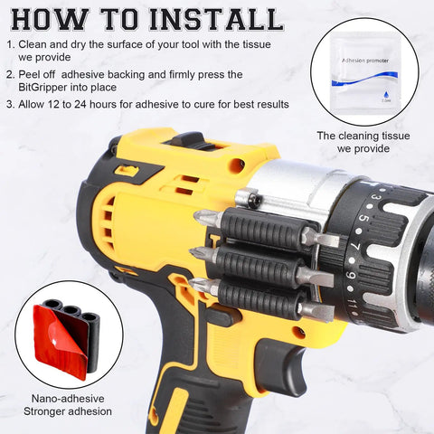 Installation guide for Six Pack Drill Bit Holder Holster With High Strength Adhesive on power drill with cleaning tissue pack