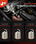 Hand holding a spark plug in engine with maintenance schedule for Iridium Platinum Spark Plugs 4 Pack For Hyundai Santa Fe Sport 2013-2018 2.0L.