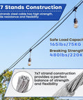 7x7 strands of steel cable with bulbs illustrating strength, flexibility, and load capacity details for outdoor use