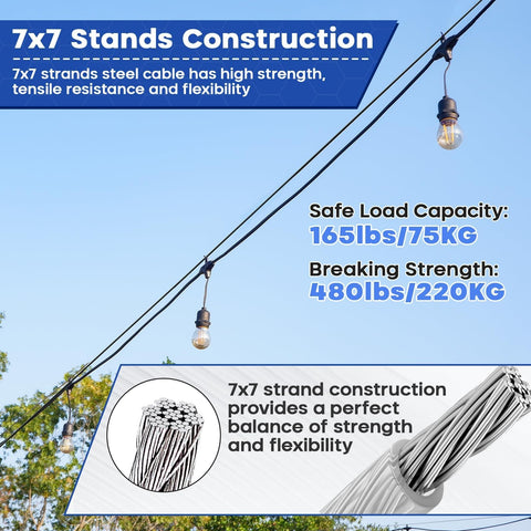 7x7 strands of steel cable with bulbs illustrating strength, flexibility, and load capacity details for outdoor use
