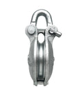 Heavy Duty Yarding Block With Shackle And Pin Three Ton WLL Four Inch Sheave Silver Painted Rig Block For Log Hauling Built Tough With Grease Zerk And Three Eighths Inch Cable front view