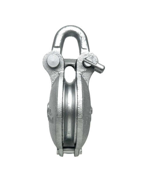 Heavy Duty Yarding Block With Shackle And Pin Three Ton WLL Four Inch Sheave Silver Painted Rig Block For Log Hauling Built Tough With Grease Zerk And Three Eighths Inch Cable front view