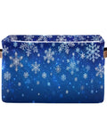 Dang Cool Canvas Storage Basket With Sparkly Winter Snowflake Pattern, heavy-duty blue bin with leather handles.