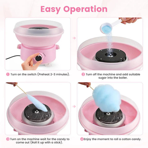 Easy operation steps for Mini 400W Cotton Candy Maker For Home Use With 10 Reusable Sticks Sugar Scoop Anti Slip Base And Detachable Splatter Guard Lit Party Treats For Birthday Christmas And Other Celebrations