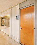 Modern Restroom Sign For Business That Keeps It ADA Compliant With Braille Grade 2 Raised Icons Easy Install Brushed Aluminum Door Sign 6 Inch Wide By 8 Inch High Contemporary Look For Any Space on office door