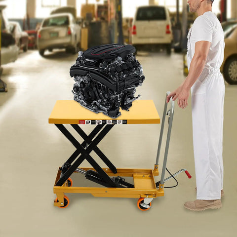 Heavy Duty 500 Lbs Hydraulic Lift Cart With Single Scissor Table Top Lifter And Universal Wheels Plus Rack For Freestanding Workshop Garage Material Handling carrying an engine in a workshop.