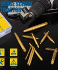 Damaged Screw Extractor Set 13-Piece With Spiral Extractors And Double-Head Bits on display with drill and case in background
