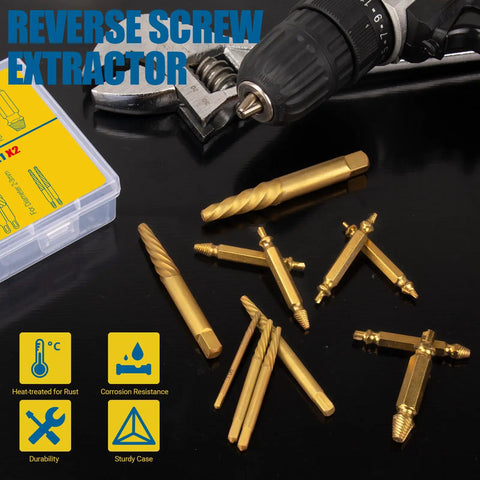 Damaged Screw Extractor Set 13-Piece With Spiral Extractors And Double-Head Bits on display with drill and case in background