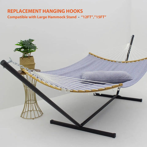 Heavy Duty Hammock Hooks Replacement Set For Double Hammock With Stand Galvanized Steel 0.3 Inch Diameter By 4.25 Inch Length Each Hook Supports 450 Lbs 2 Pack Easy Install Fits Poles 1.5 To 2 Inch Diameter installed on a large hammock stand with hammock.
