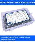 No Nonsense Heavy Duty 450 Piece Stainless Steel Self Drilling Screws Assortment Kit in clear labeled storage case.