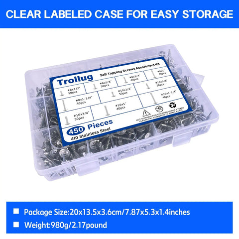 No Nonsense Heavy Duty 450 Piece Stainless Steel Self Drilling Screws Assortment Kit in clear labeled storage case.