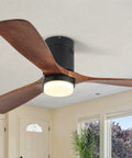 52 Inch Wood Ceiling Fan With Lights And Remote Control in a bright living room, 3 walnut blades, farmhouse style.