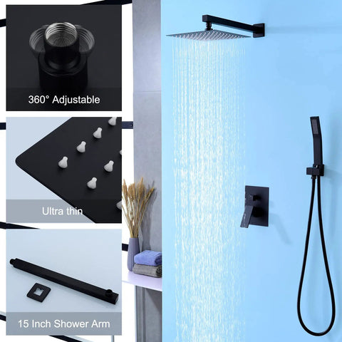 Matte Black Shower Faucet Set With 10 Inch Rainfall Shower Head, Wall Mounted Fixtures With Valve And Trim Kit, Ultra Thin Adjustable Design
