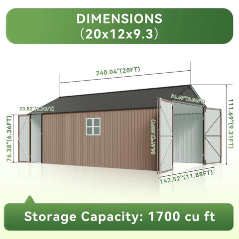 Beefy Heavy Duty Metal Storage Shed Outdoor Carport With Double Doors, Side Door And Windows, All Weather 12x20x9.3 Ft
