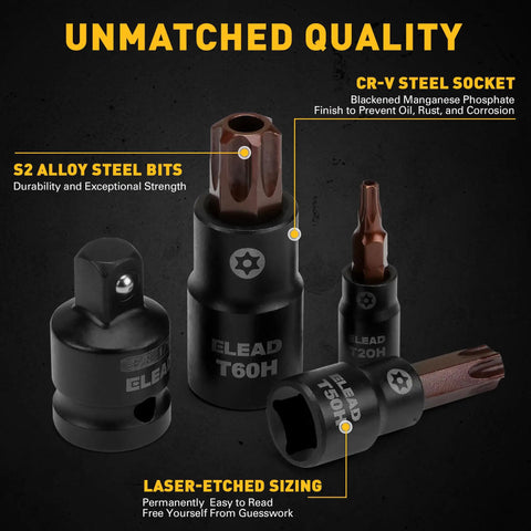 16 Piece Torx Bit Socket Set Pro Grade S2 Steel European Style T8 Through T60 with laser-etched sizing and detent pin holes.