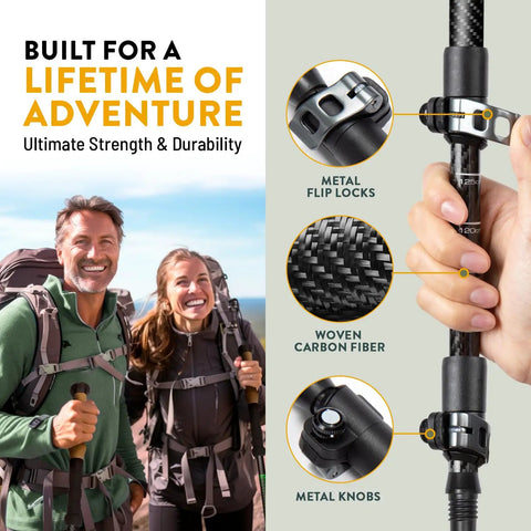 100 Percent Carbon Fiber Trekking Poles For Serious Hikes Lightweight Trail Ready Collapsible Hiking Poles With Cork And EVA Foam Grips.