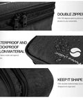 Close-up of a black waterproof electronics organizer bag with double zipper and shockproof nylon material.