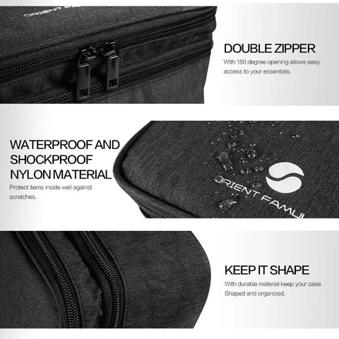 Close-up of a black waterproof electronics organizer bag with double zipper and shockproof nylon material.