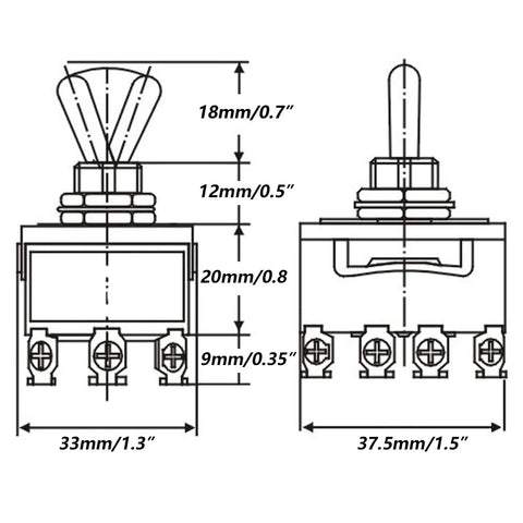 Heavy Duty Rocker Toggle Switch 4PDT 12 Terminals On Off On 15A 250V 10A 380V Waterproof With Metal Knob Cover Cap TEN403 for Industrial Equipment and Marine Electrical Panels, dimension drawing
